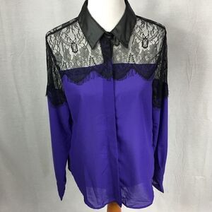 NWT Glol XL purple black lace button shirt long sleeved 100% polyester